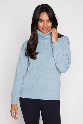 Split neck cable front cotton blend sweater