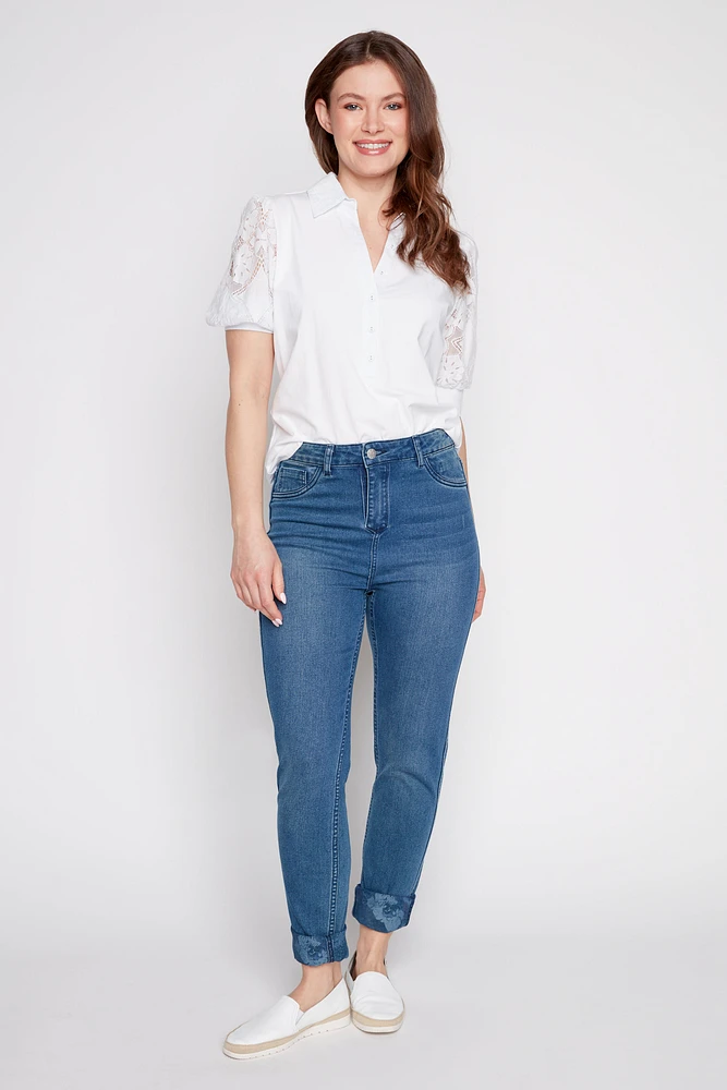 Slim leg reversible floral jean