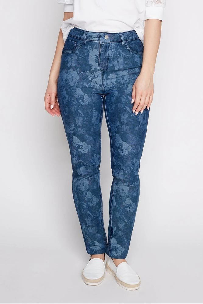 Slim leg reversible floral jean