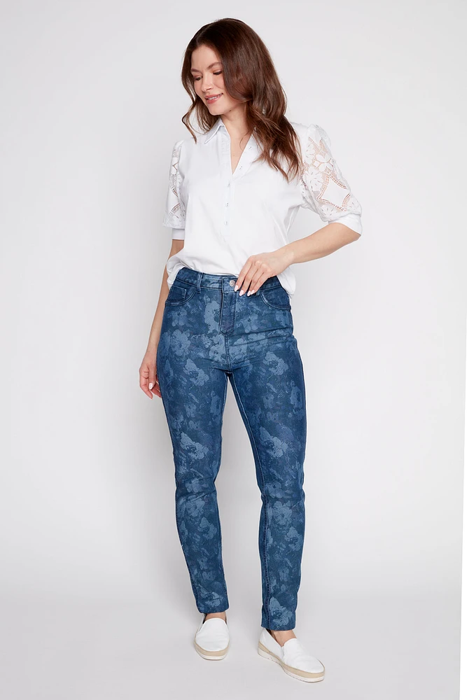 Slim leg reversible floral jean