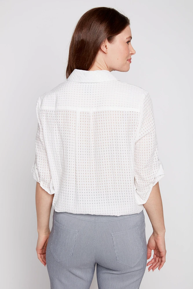 Eyelet button front blouse