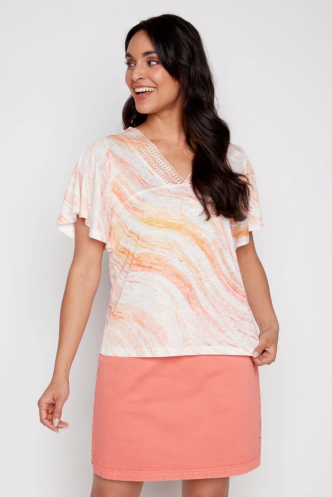 Crochet trim printed top