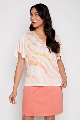 Crochet trim printed top