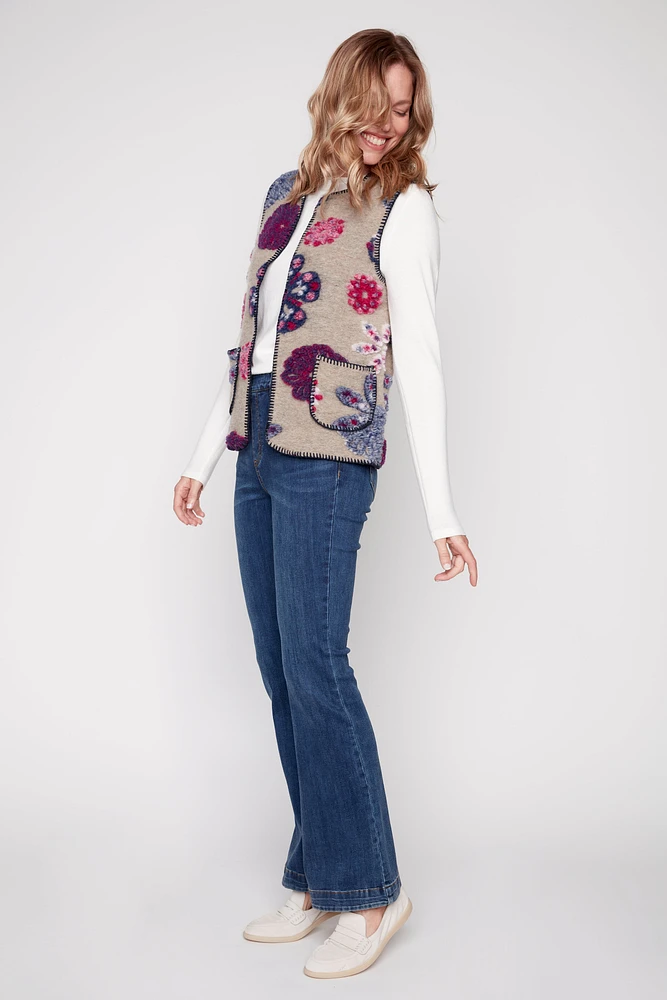 Floral embroidery boiled wool vest