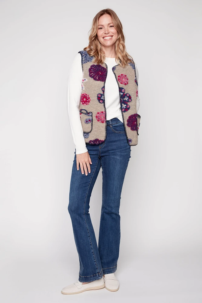 Floral embroidery boiled wool vest