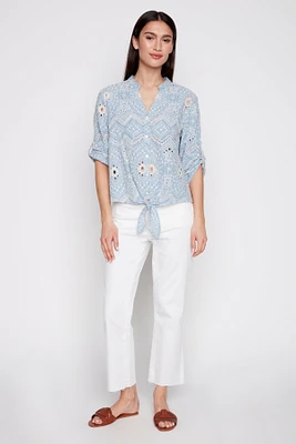 Eyelet embroidery knot front cotton blouse