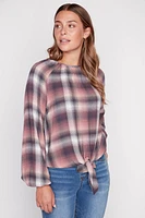 Plaid tie front blouse