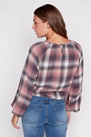 Plaid tie front blouse