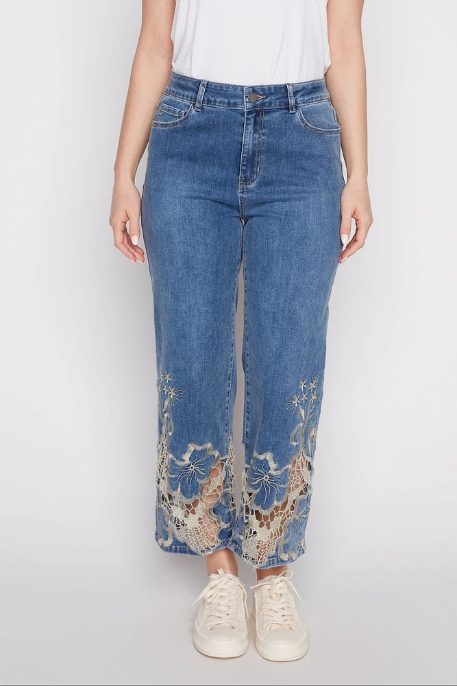 Flare leg laser cut lace hem jean