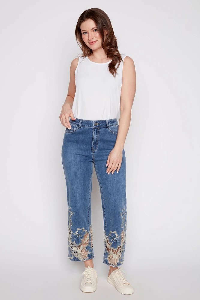 Flare leg laser cut lace hem jean