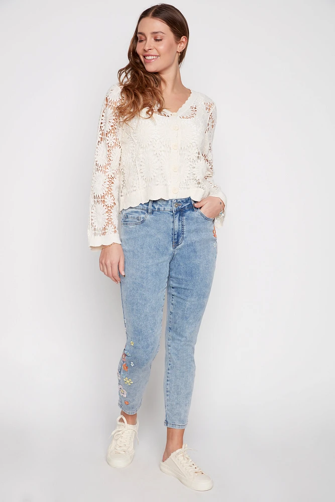 Slim leg jean with floral embroidery