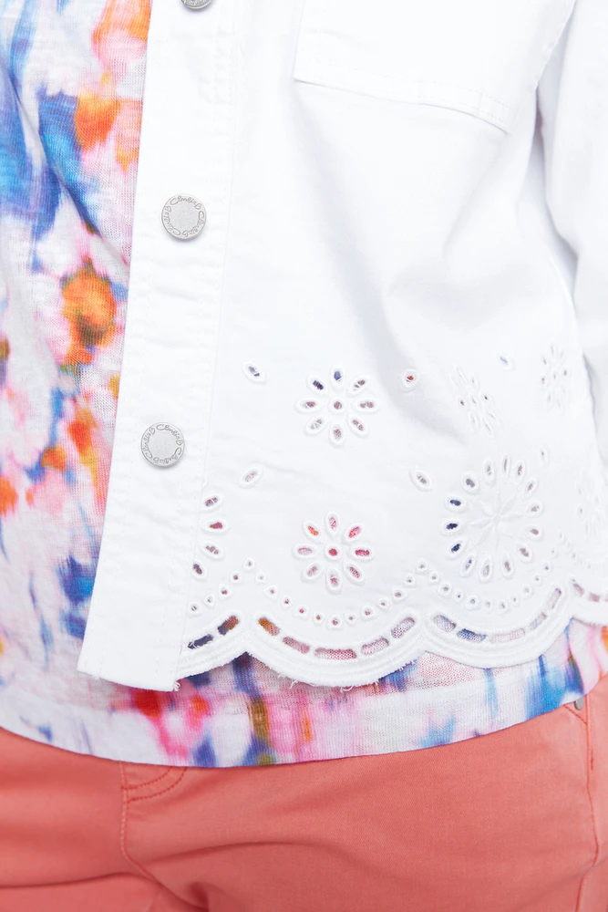 Eyelet embroidery scallop hem jean jacket