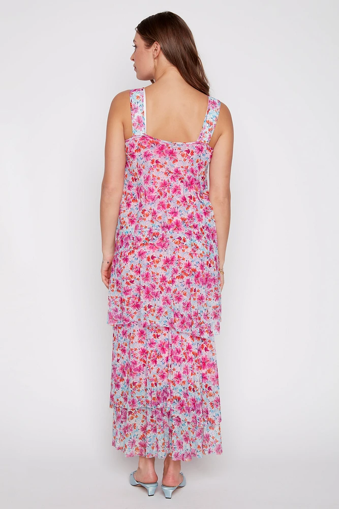 Floral mesh layered maxi dress