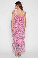 Floral mesh layered maxi dress