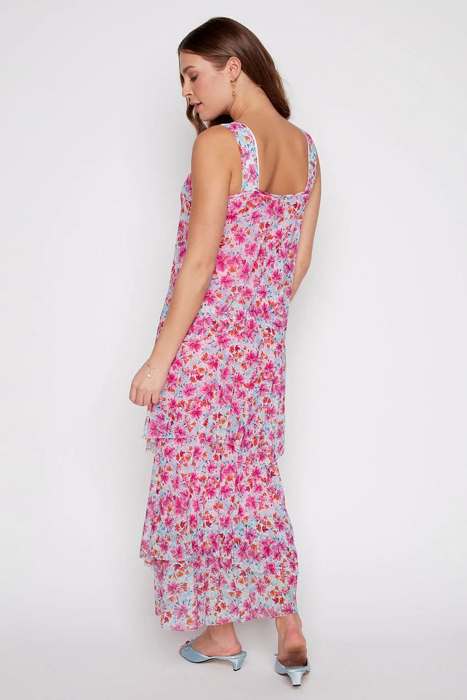 Floral mesh layered maxi dress
