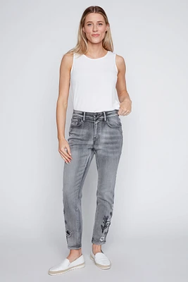 Slim leg floral embroidery hem jean