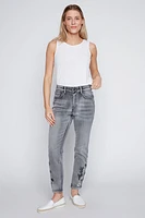 Slim leg floral embroidery hem jean