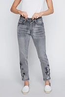 Slim leg floral embroidery hem jean