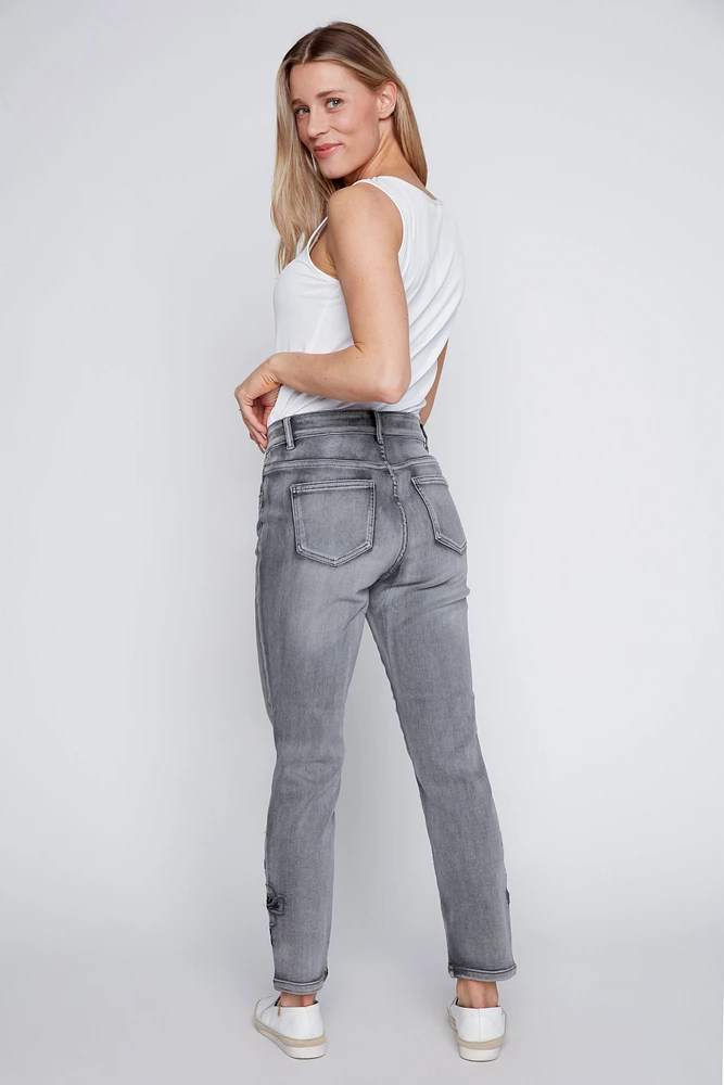 Slim leg floral embroidery hem jean
