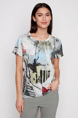 Abstract print burnout top