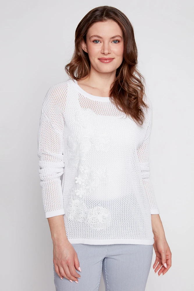 Cotton crochet sweater with floral embroidery