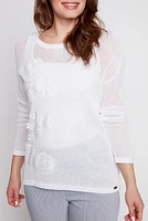 Cotton crochet sweater with floral embroidery