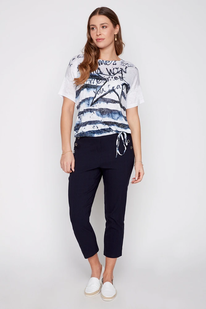 Printed burnout t-shirt with drawstring hem