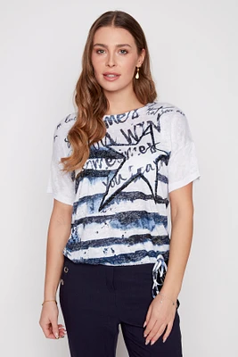 Printed burnout t-shirt with drawstring hem