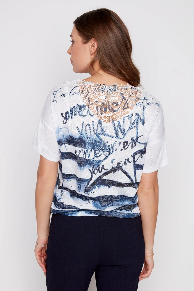 Printed burnout t-shirt with drawstring hem