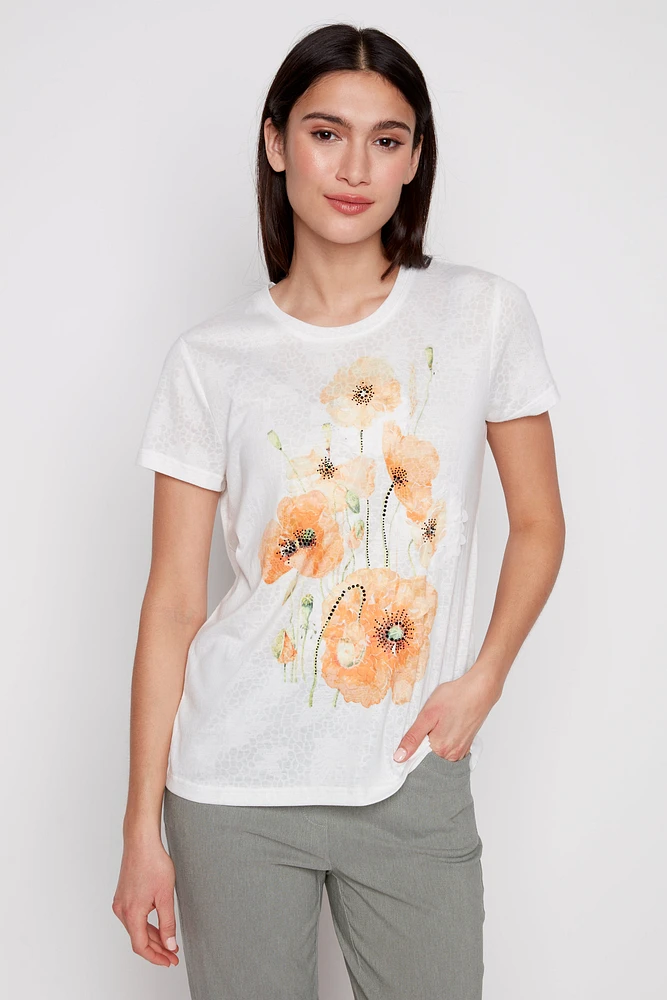 Embellished flowers burnout t-shirt