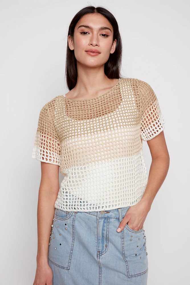 Color block lurex crochet top