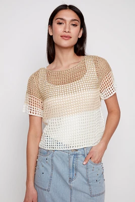 Color block lurex crochet top