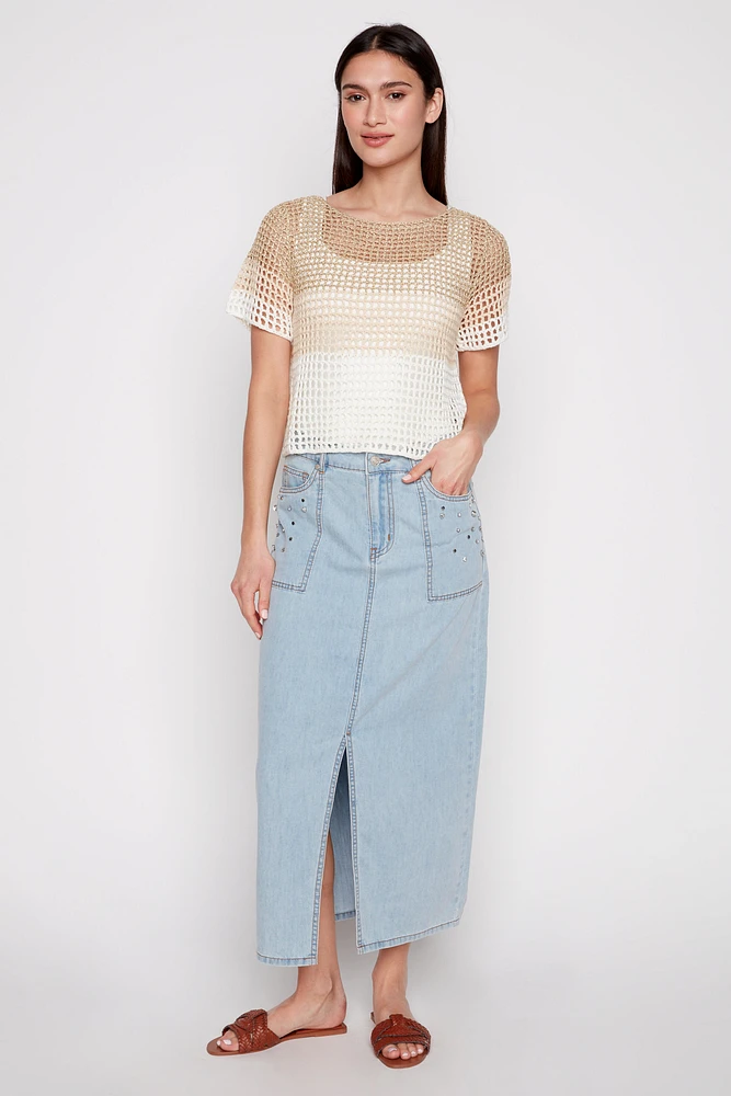 Denim maxi skirt with rhinestones