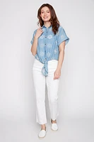 Tencel eyelet embroidery knot front blouse