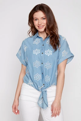 Tencel eyelet embroidery knot front blouse