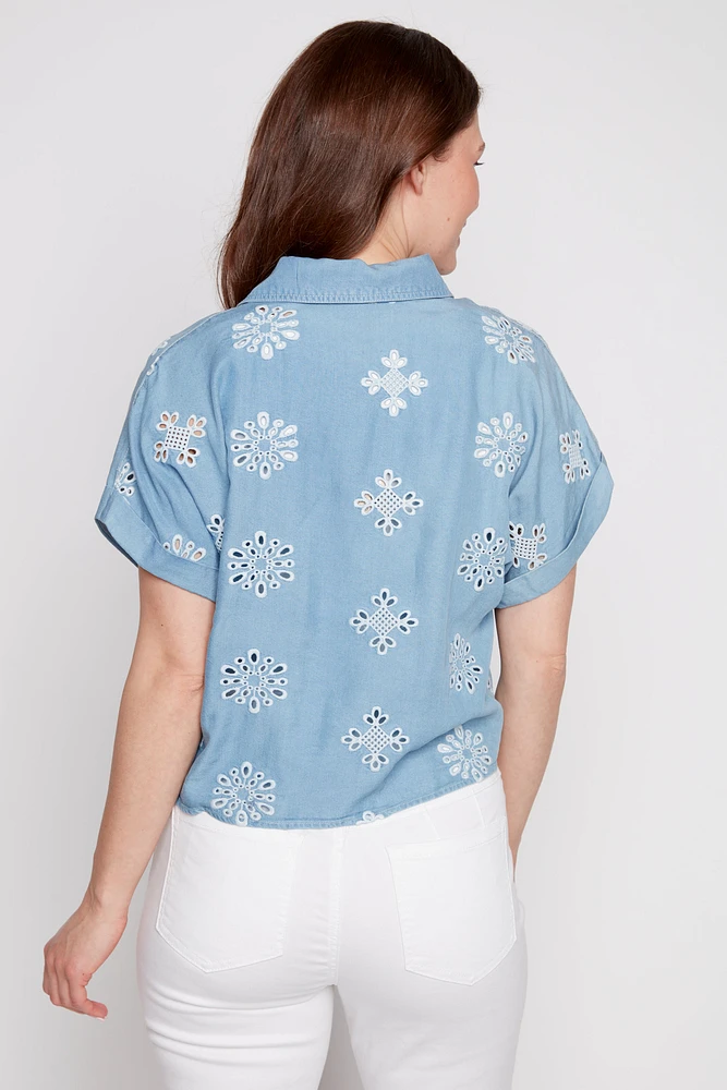 Tencel eyelet embroidery knot front blouse