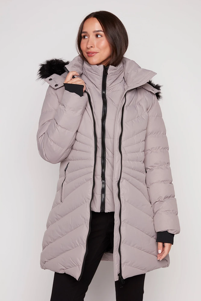 Quilt fooler jacket with fun fur hood