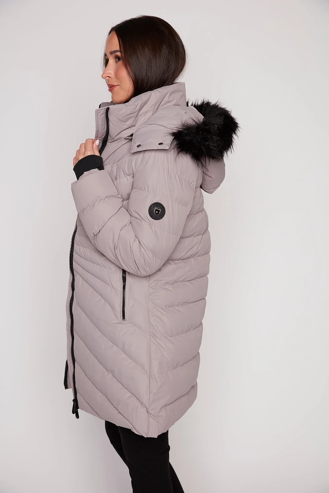 Quilt fooler jacket with fun fur hood