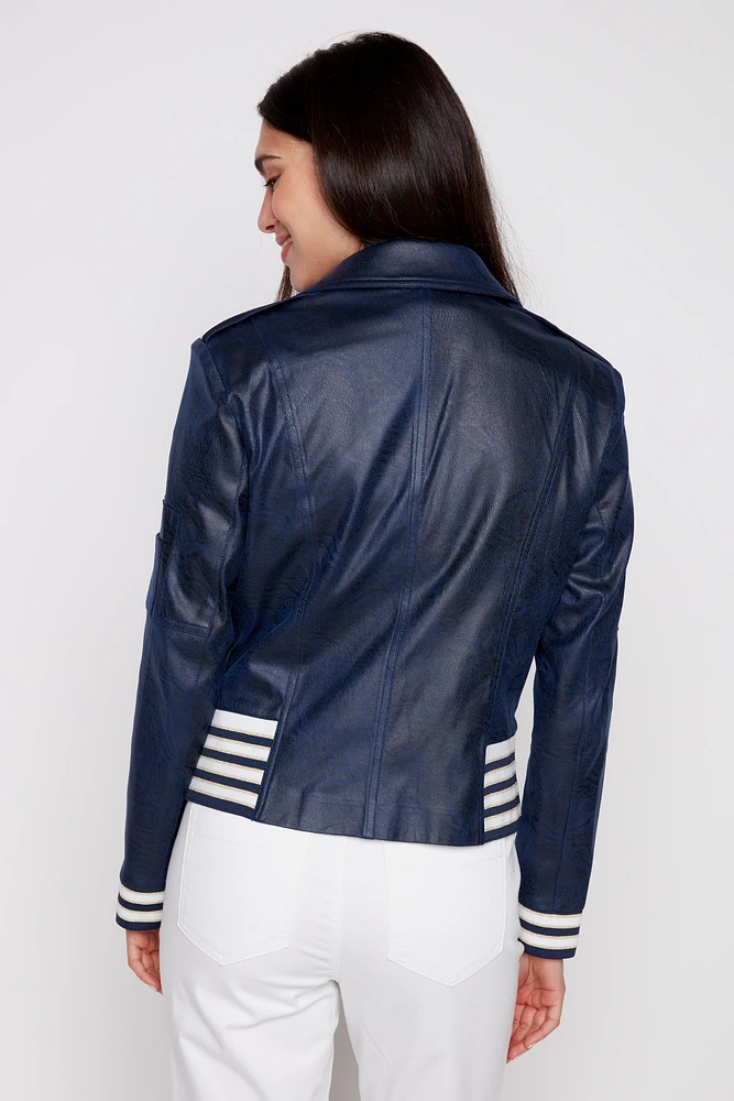 Stripe trim pleather jacket