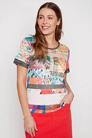 Mesh trim abstract print top