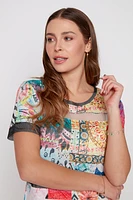 Mesh trim abstract print top