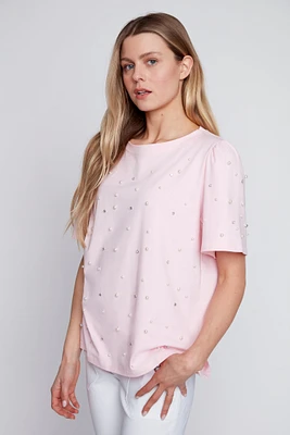 Solid cotton t-shirt with pearl detail
