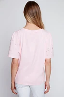 Solid cotton t-shirt with pearl detail