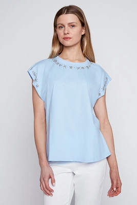 Solid cotton t-shirt with rhine stud trim