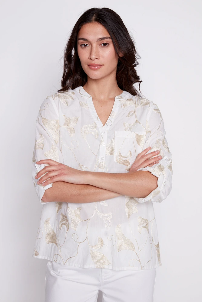 Leaf lurex embroidery cotton blouse