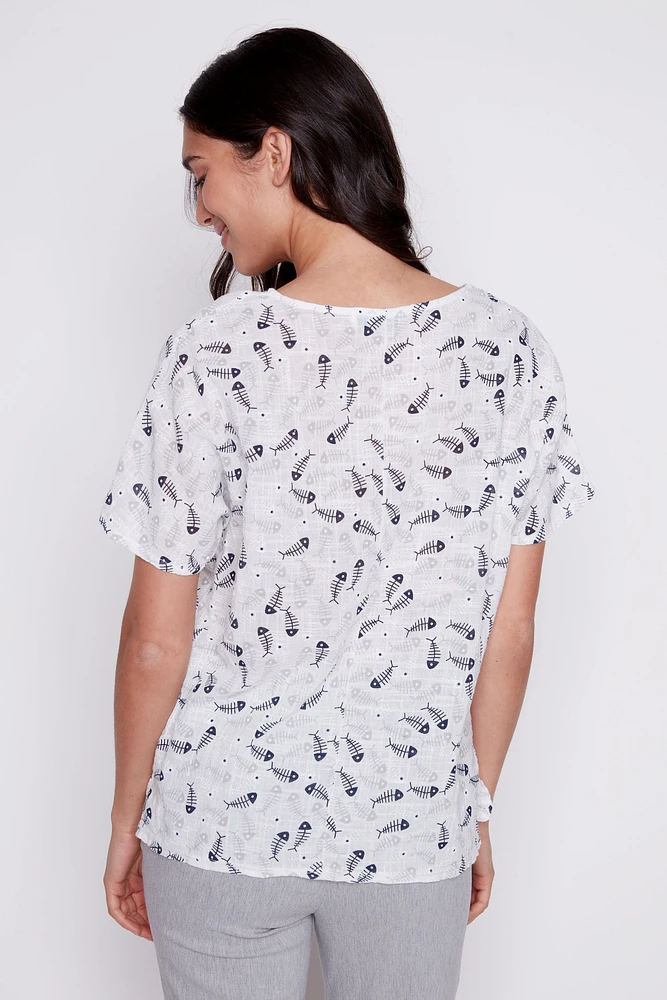 Fish print cotton gauze top