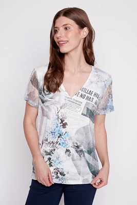 Burnout newspaper print sequin trim top