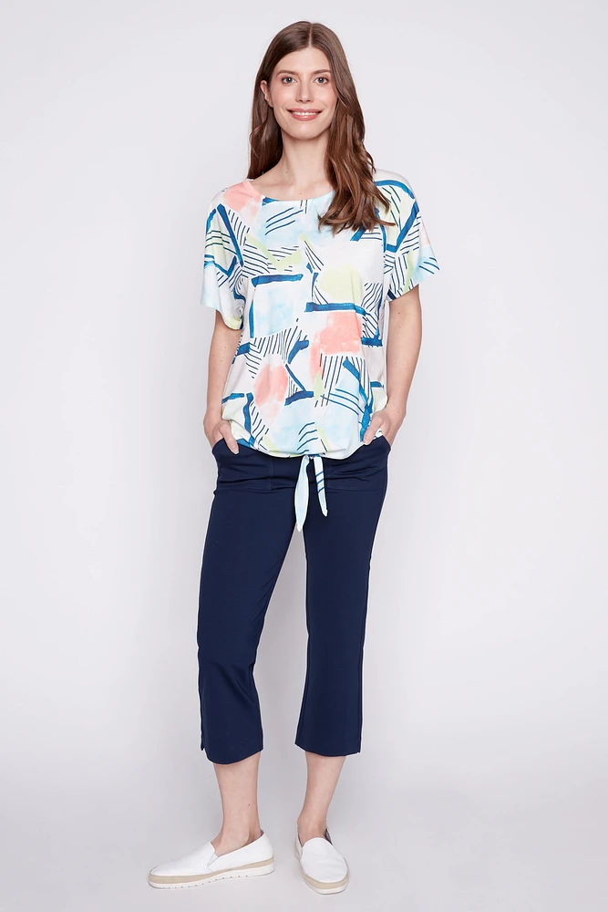 Tie front abstract print top