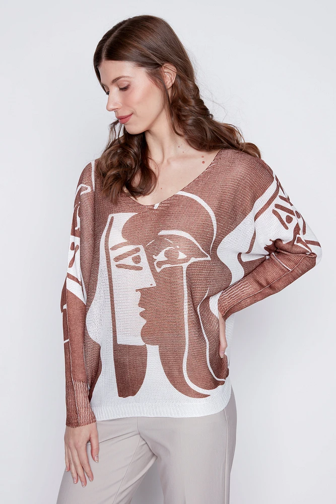 Faces print knit sweater