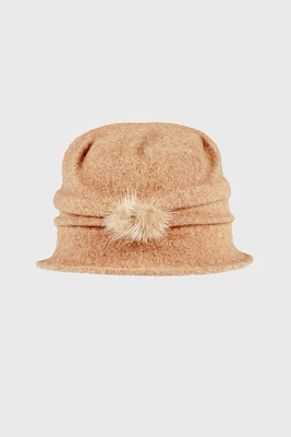 Pleated boiled wool cloche with fur pom detail